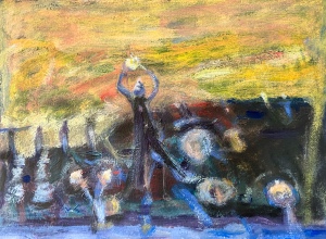 expressionist acrylic painting on paper showing fig standing on garden bed.
